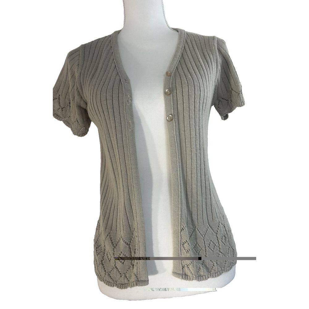 Vintage Cardigan Beige Sweater with Crochet  3 button front Womens Size M
